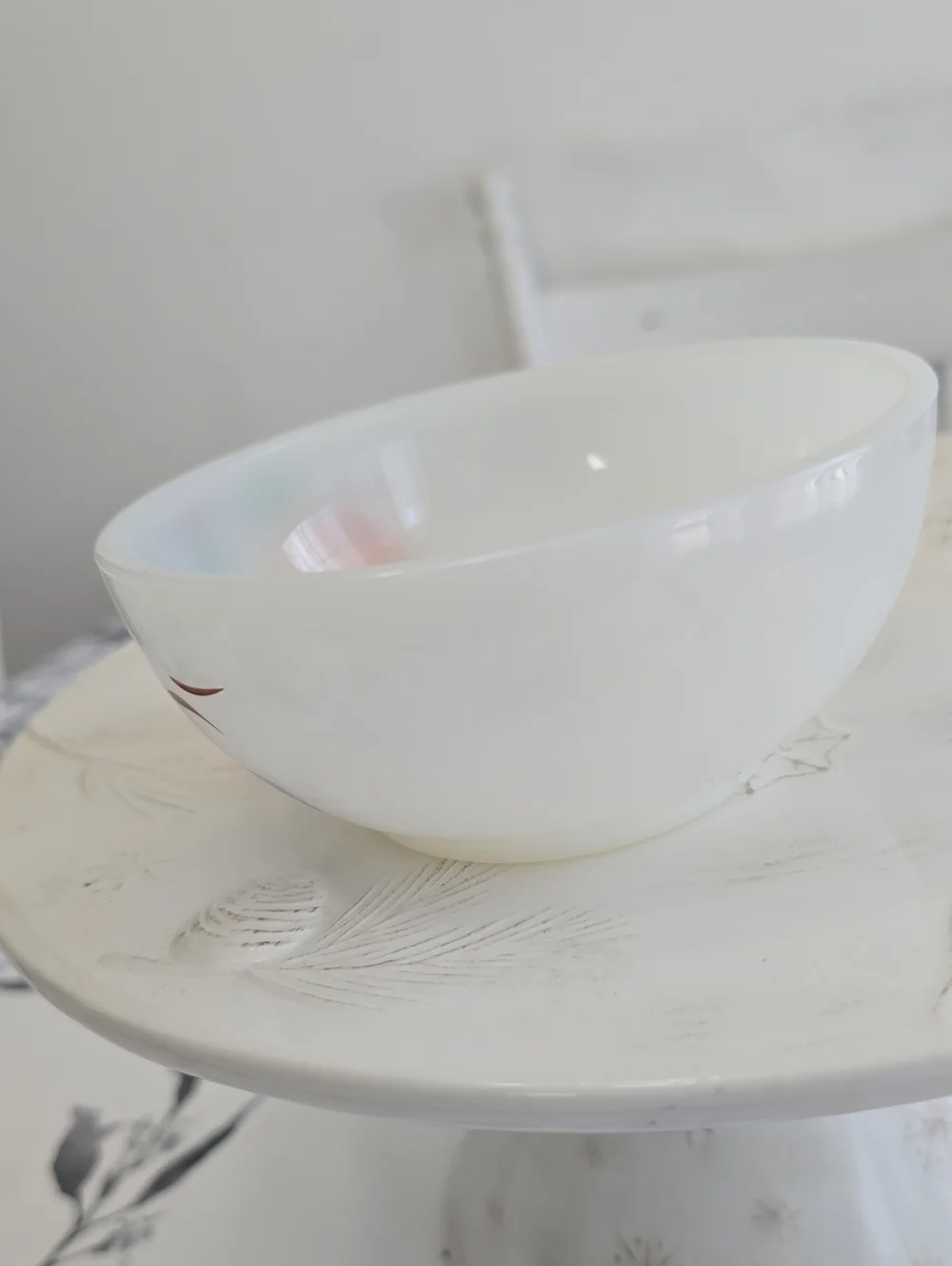 Vintage Fire King Gay Fad Fruit  Ovenware White Milk Glass Bowl Almost 5